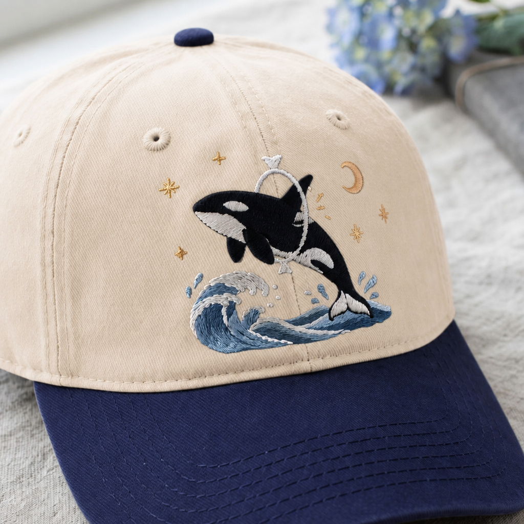 Orca Whale Jumping Ocean Wave Moon Stars Celestial Night Embroidered Two-Tone Hat