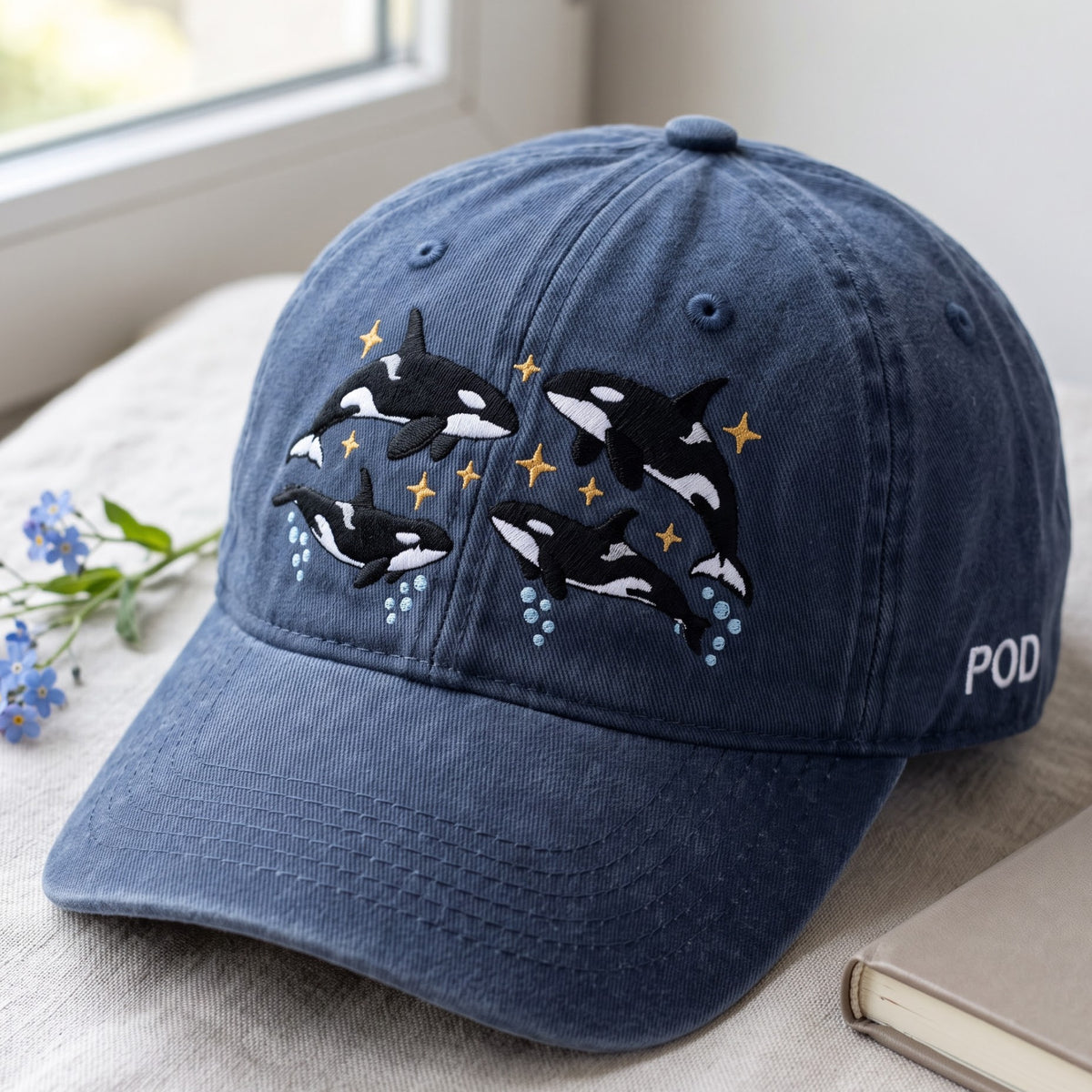 Orca Whale Pod Swimming Stars Celestial Washed Embroidered Hat — Washed Hat