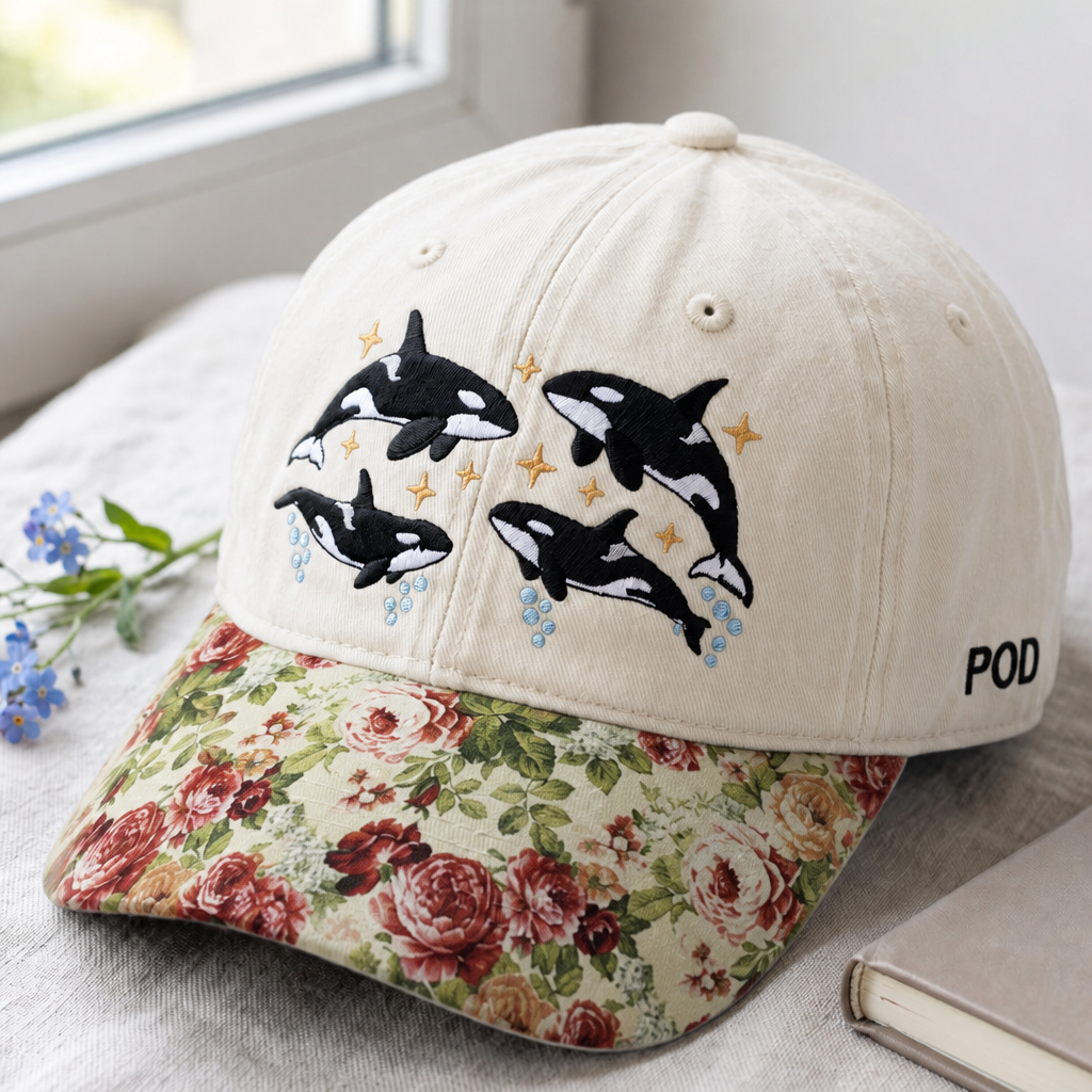 Orca Whale Pod Swimming Stars Celestial Washed Embroidered Floral & Leopard Brim Hat