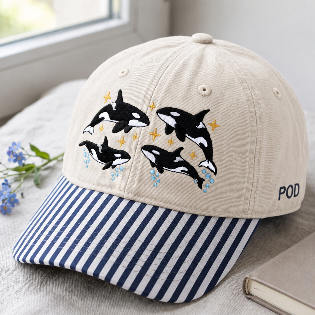 Orca Whale Pod Swimming Stars Celestial Washed Embroidered Gingham & Stripe Brim Hat