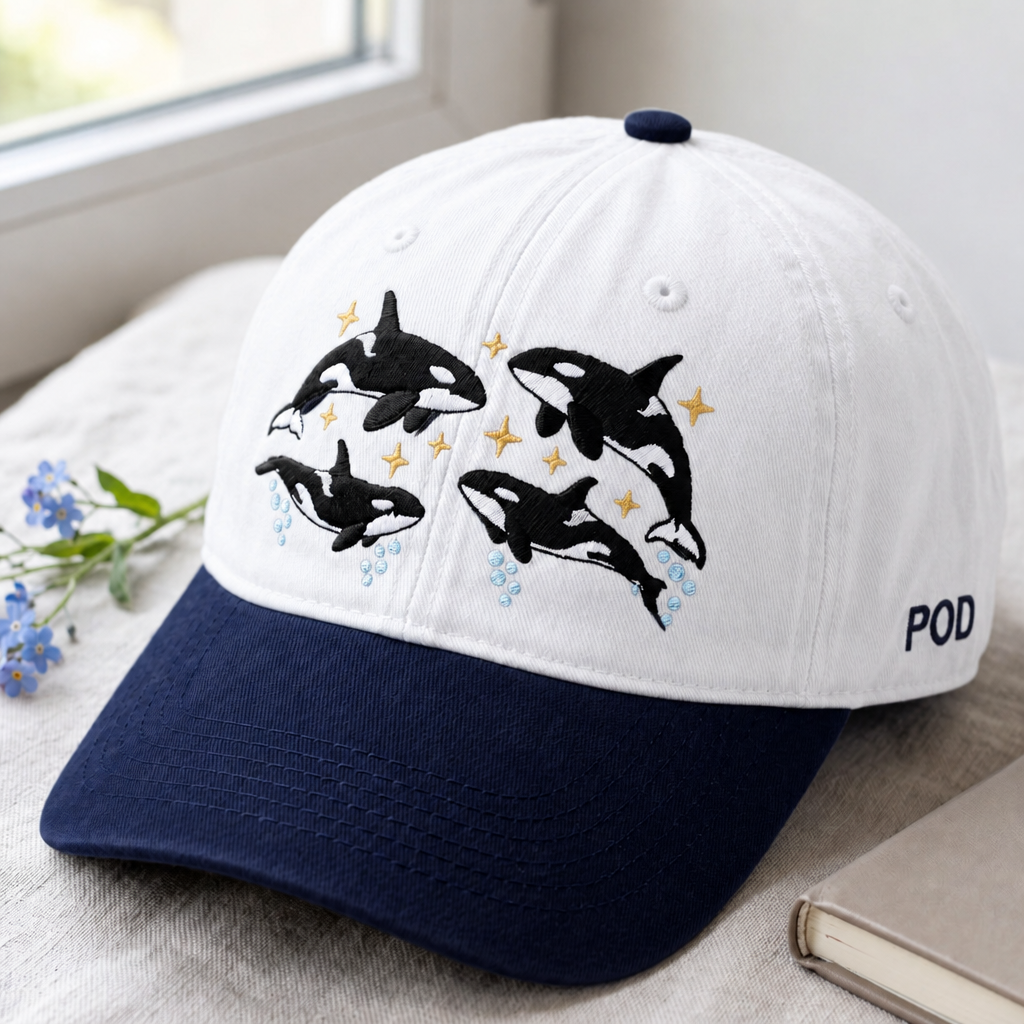 Orca Whale Pod Swimming Stars Celestial Washed Embroidered Two-Tone Hat