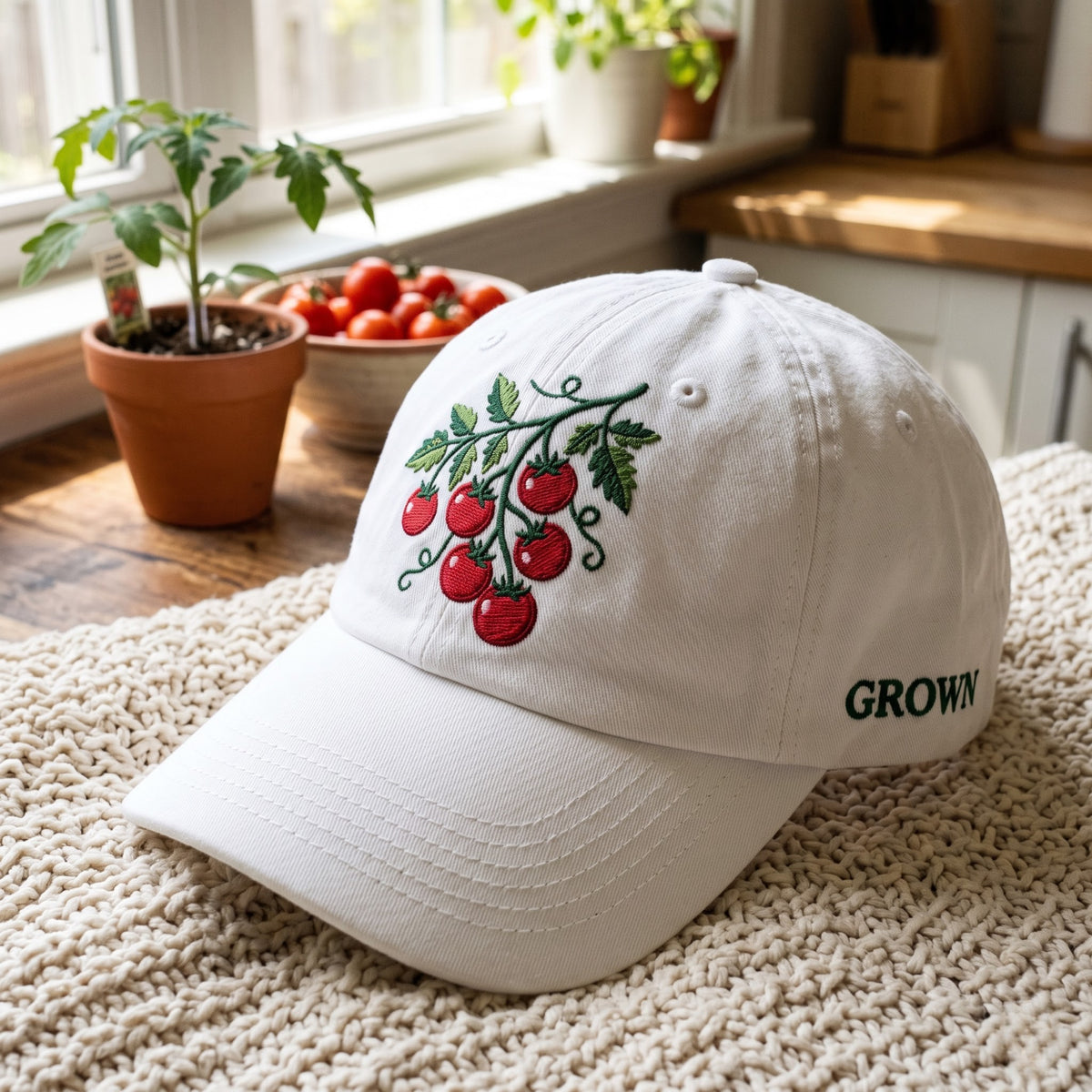 Cherry Tomato Branch Vine Garden Grown Embroidered Hat — Baseball Cap