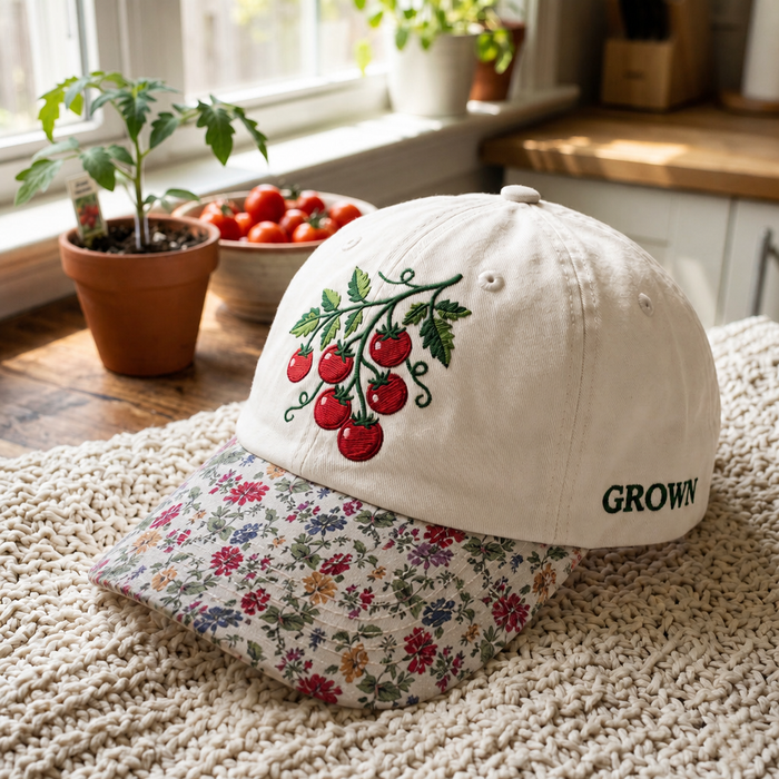 Cherry Tomato Branch Vine Garden Grown Embroidered Floral & Leopard Brim Hat