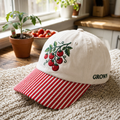 Cherry Tomato Branch Vine Garden Grown Embroidered Gingham & Stripe Brim Hat