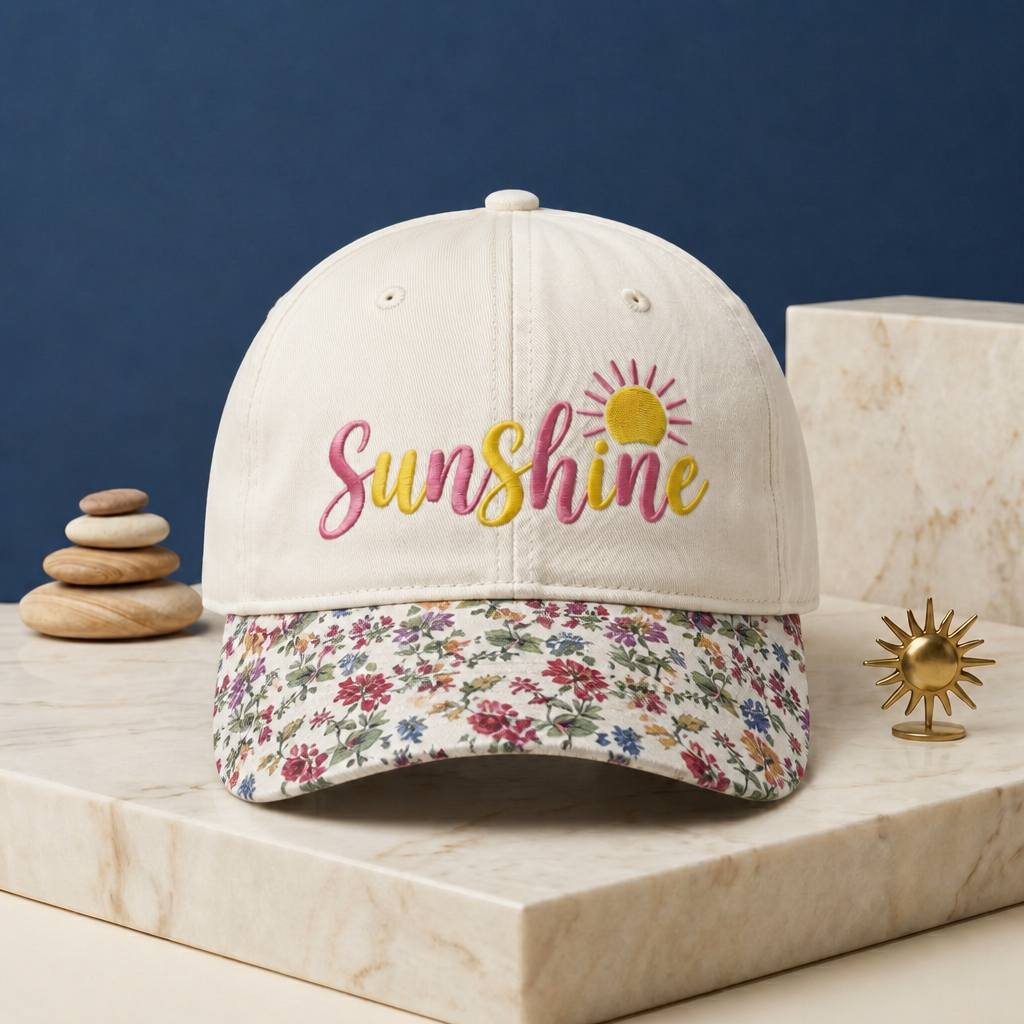 Sunshine Sun Script Colorful Embroidered Floral & Leopard Brim Hat