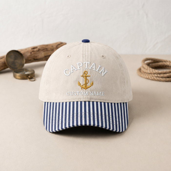 Personalized Captain Anchor Rope Nautical Embroidered Gingham & Stripe Brim Hat