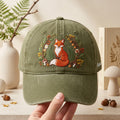 Personalized Fox Botanical Wreath Mushroom Acorn Fall Embroidered Hat — Washed Hat