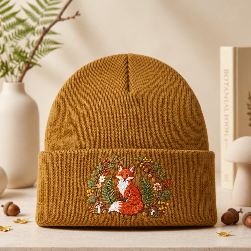 Personalized Fox Botanical Wreath Mushroom Acorn Fall Embroidered Beanie