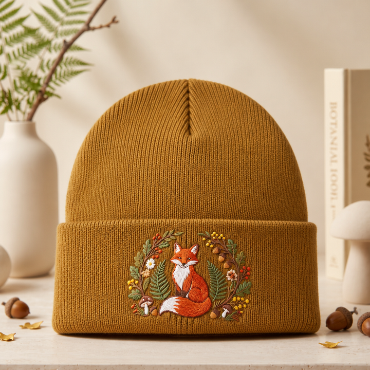 Personalized Fox Botanical Wreath Mushroom Acorn Fall Embroidered Beanie