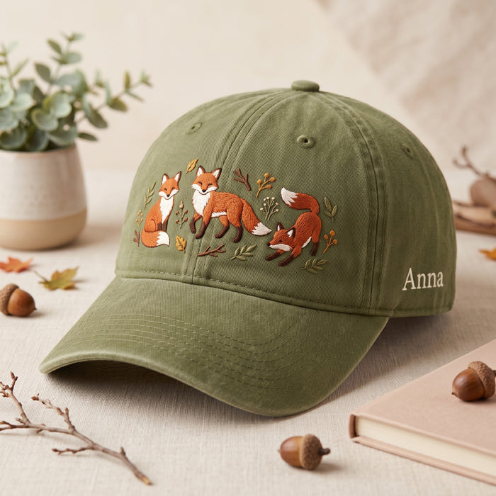 Personalized Three Foxes Autumn Botanical Leaves Embroidered Hat