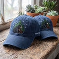 Black Bear Cub Winter Mountain Pine Trees Snowflakes Together Embroidered Hat — Washed Hat