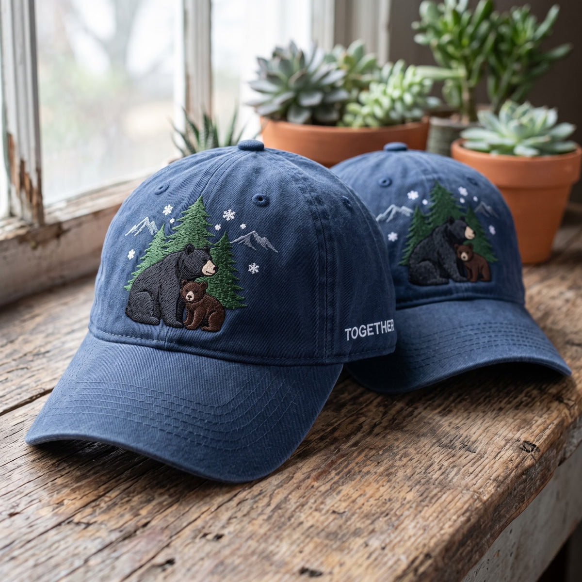 Black Bear Cub Winter Mountain Pine Trees Snowflakes Together Embroidered Hat — Washed Hat