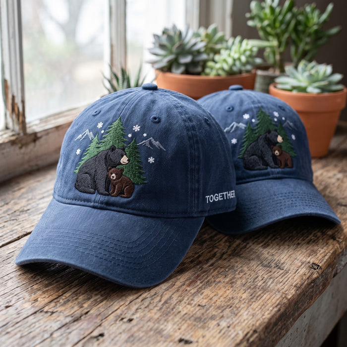 Black Bear Cub Winter Mountain Pine Trees Snowflakes Together Embroidered Hat