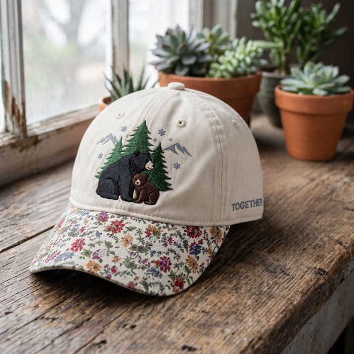 Black Bear Cub Winter Mountain Pine Trees Snowflakes Together Embroidered Floral & Leopard Brim Hat