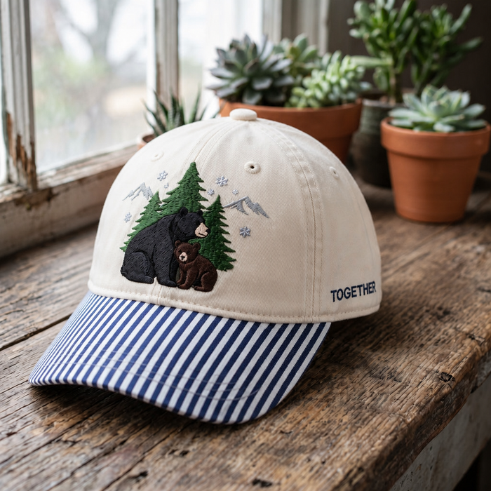 Black Bear Cub Winter Mountain Pine Trees Snowflakes Together Embroidered Gingham & Stripe Brim Hat
