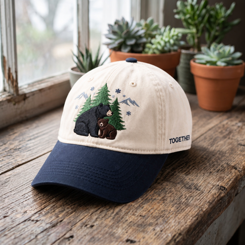 Black Bear Cub Winter Mountain Pine Trees Snowflakes Together Embroidered Two-Tone Hat