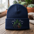 Black Bear Cub Winter Mountain Pine Trees Snowflakes Together Embroidered Beanie