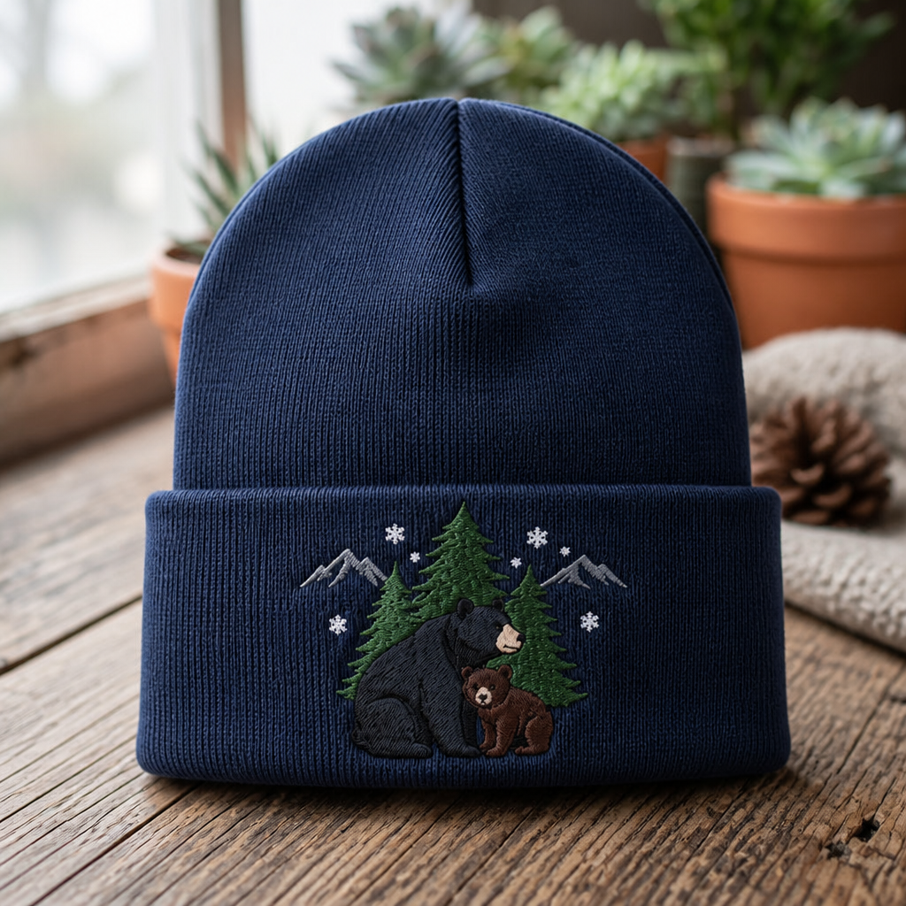 Black Bear Cub Winter Mountain Pine Trees Snowflakes Together Embroidered Beanie