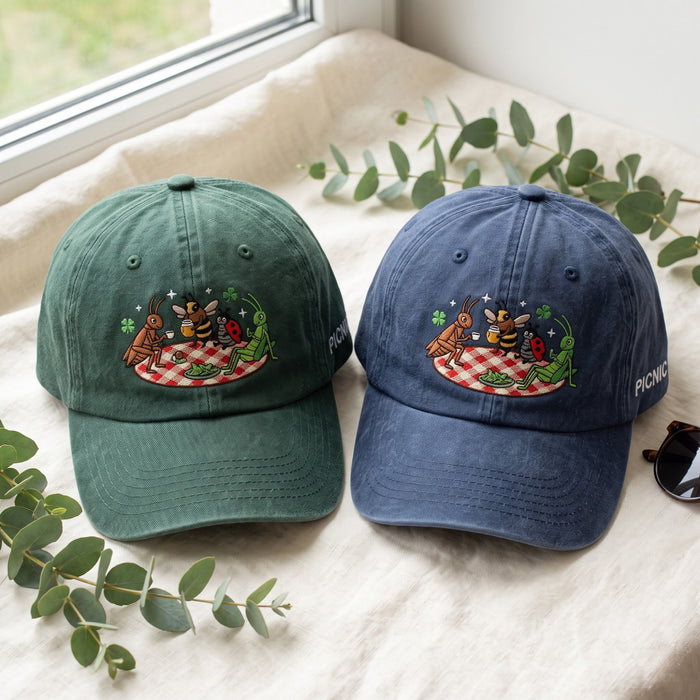Cute Insects Picnic Grasshopper Bee Ladybug Ant Checkered Blanket Embroidered Hat