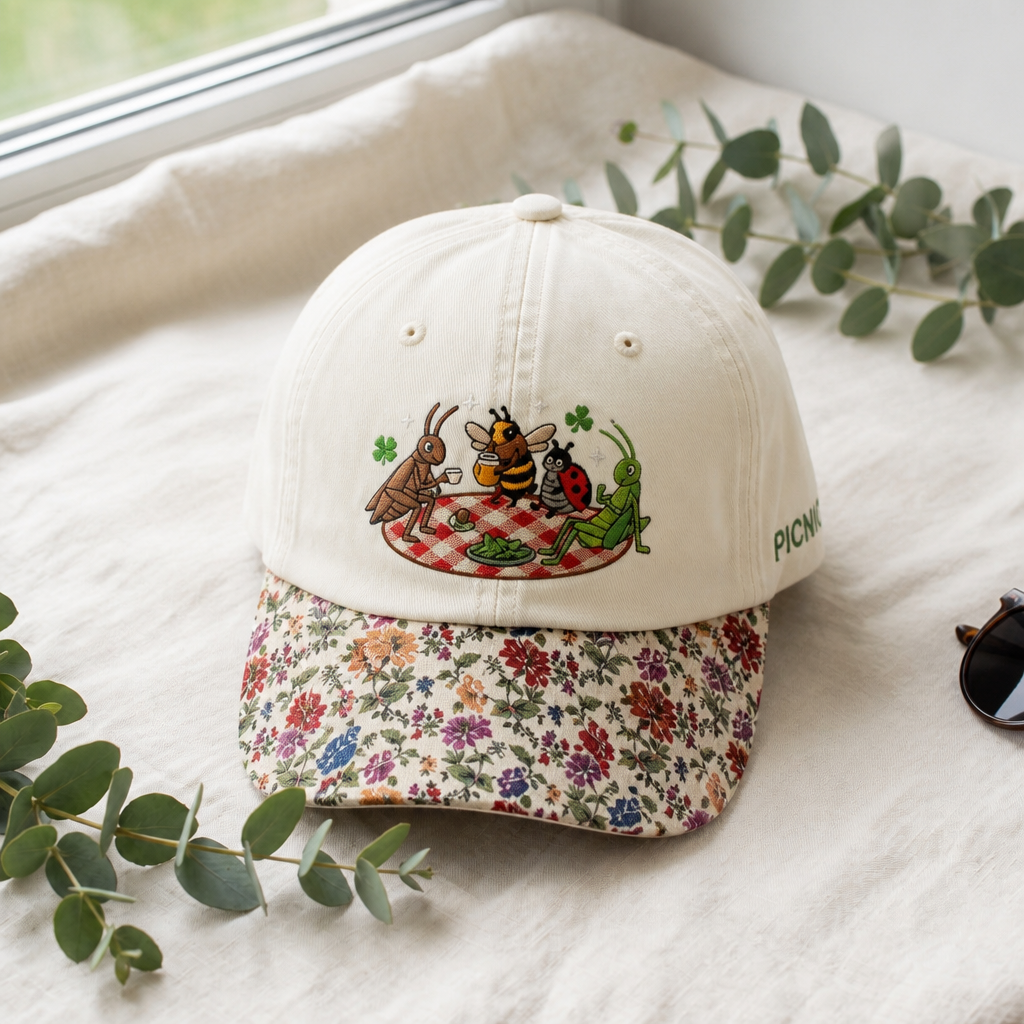 Cute Insects Picnic Grasshopper Bee Ladybug Ant Checkered Blanket Embroidered Floral & Leopard Brim Hat