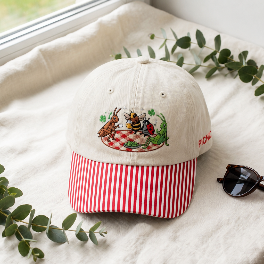 Cute Insects Picnic Grasshopper Bee Ladybug Ant Checkered Blanket Embroidered Gingham & Stripe Brim Hat