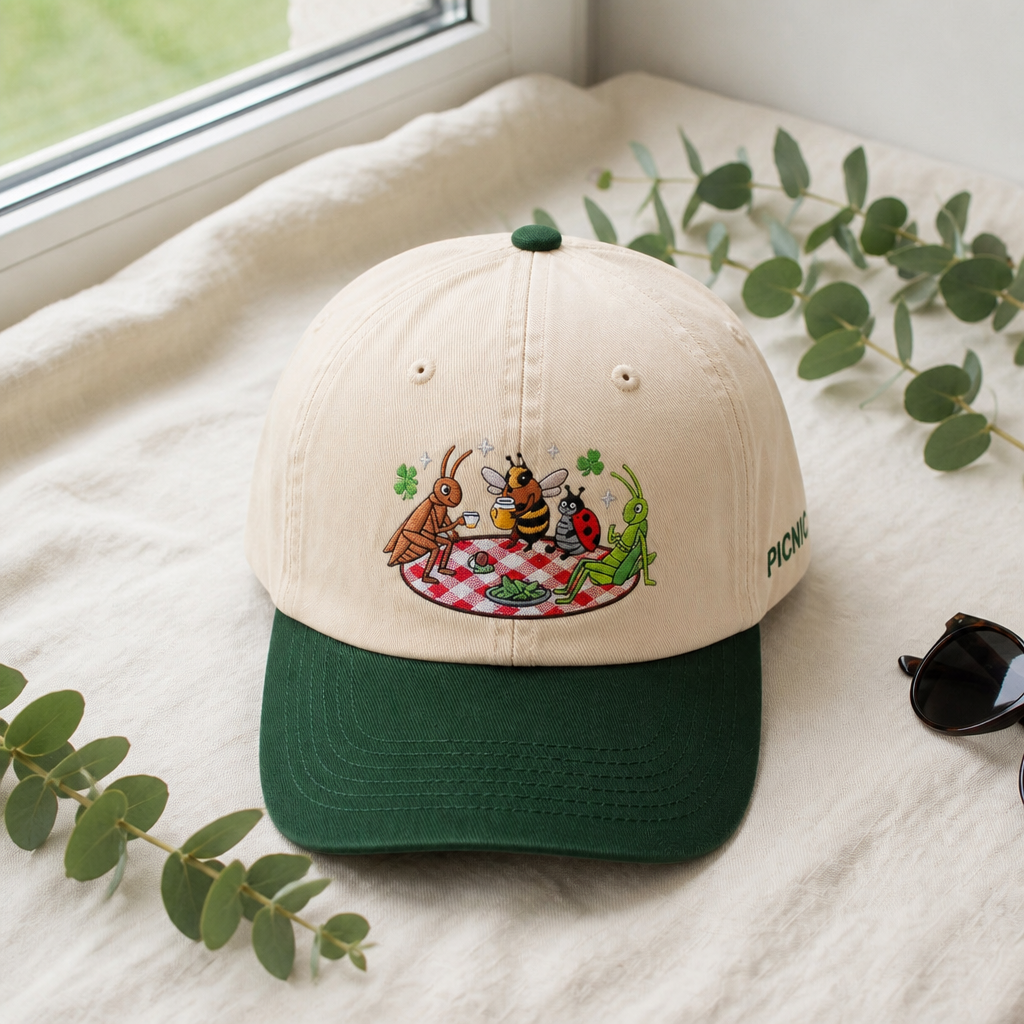 Cute Insects Picnic Grasshopper Bee Ladybug Ant Checkered Blanket Embroidered Two-Tone Hat