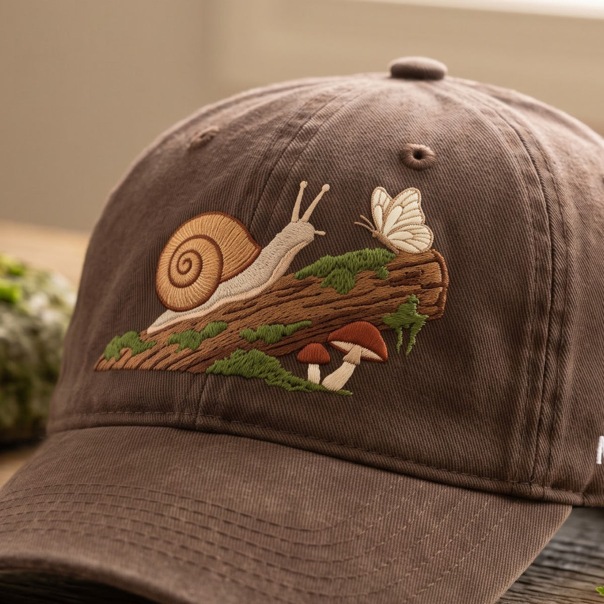 Snail Butterfly Mushroom Log Cottagecore Nature Embroidered Hat — Washed Hat