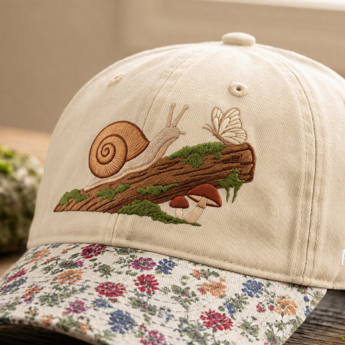 Snail Butterfly Mushroom Log Cottagecore Nature Embroidered Floral & Leopard Brim Hat