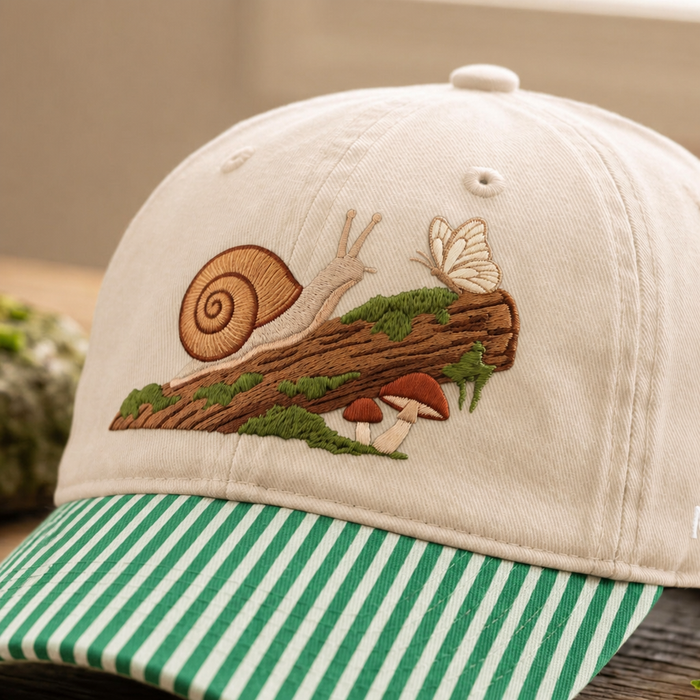 Snail Butterfly Mushroom Log Cottagecore Nature Embroidered Gingham & Stripe Brim Hat