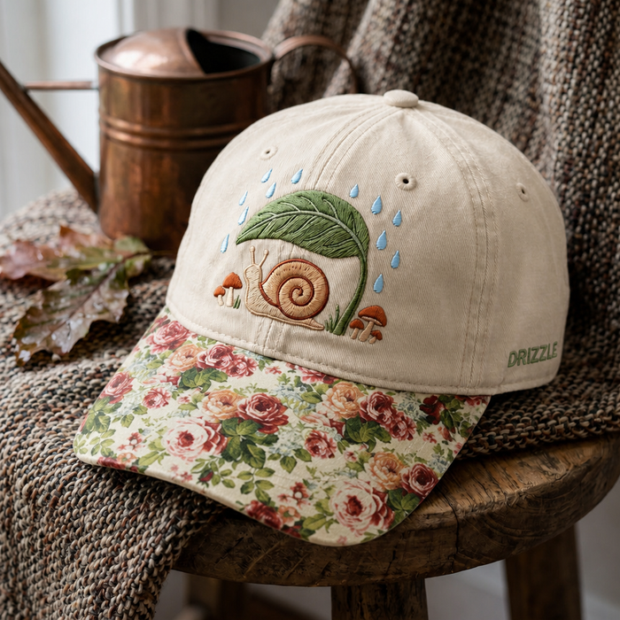 Snail Under Leaf Rain Mushroom Cottagecore Embroidered Floral & Leopard Brim Hat