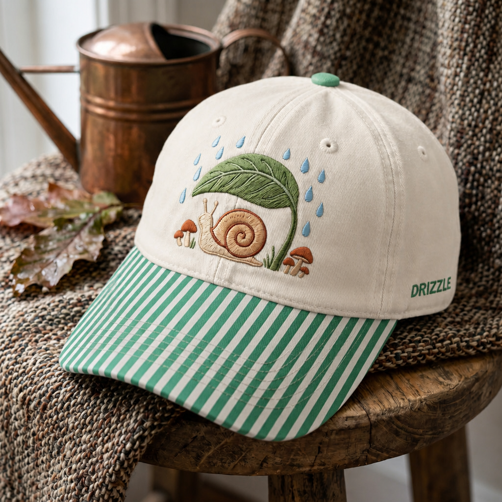 Snail Under Leaf Rain Mushroom Cottagecore Embroidered Gingham & Stripe Brim Hat