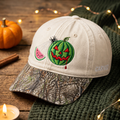 Halloween Carved Watermelon Jack-O-Lantern Spider Web Spooky Embroidered Floral & Leopard Brim Hat