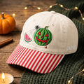 Halloween Carved Watermelon Jack-O-Lantern Spider Web Spooky Embroidered Gingham & Stripe Brim Hat