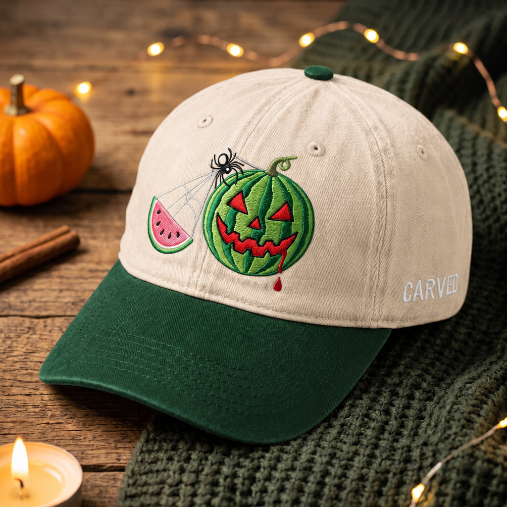 Halloween Carved Watermelon Jack-O-Lantern Spider Web Spooky Embroidered Two-Tone Hat