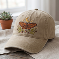 Boho Moth Crescent Moon Wildflower Botanical Embroidered Hat — Washed Hat