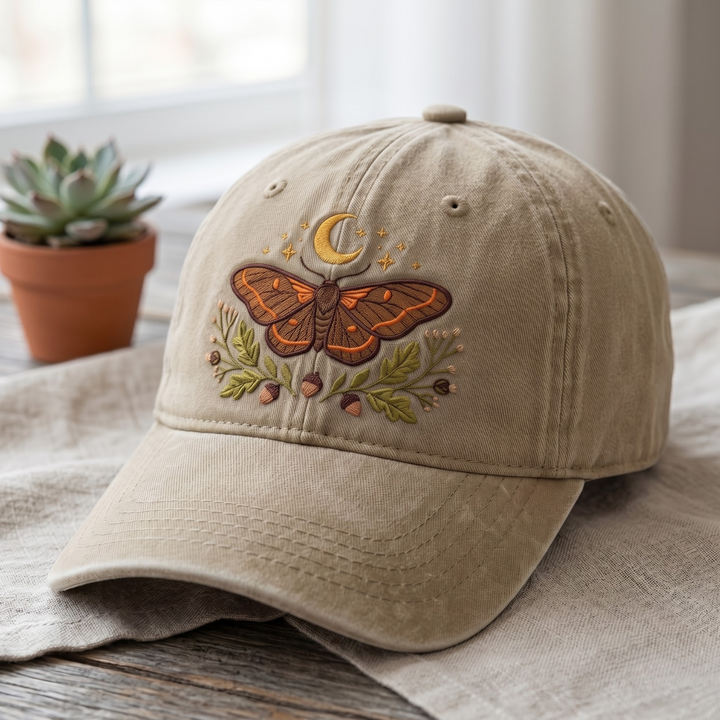 Boho Moth Crescent Moon Wildflower Botanical Embroidered Hat — Washed Hat