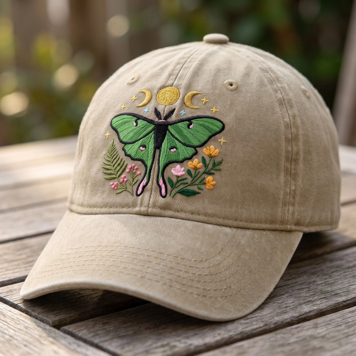 Luna Moth Celestial Moon Phase Botanical Floral Embroidered Hat — Washed Hat