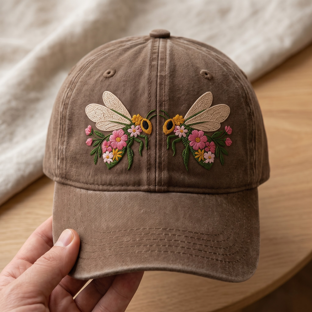 Floral Bee Duo Wildflower Cottagecore Embroidered Hat — Washed Hat