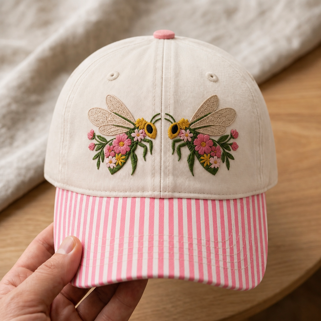 Floral Bee Duo Wildflower Cottagecore Embroidered Gingham & Stripe Brim Hat