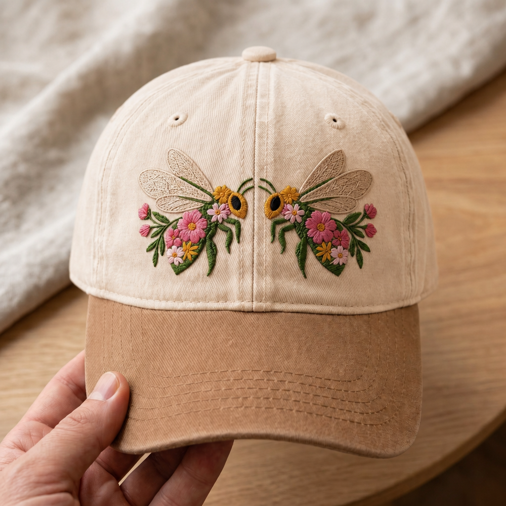 Floral Bee Duo Wildflower Cottagecore Embroidered Two-Tone Hat