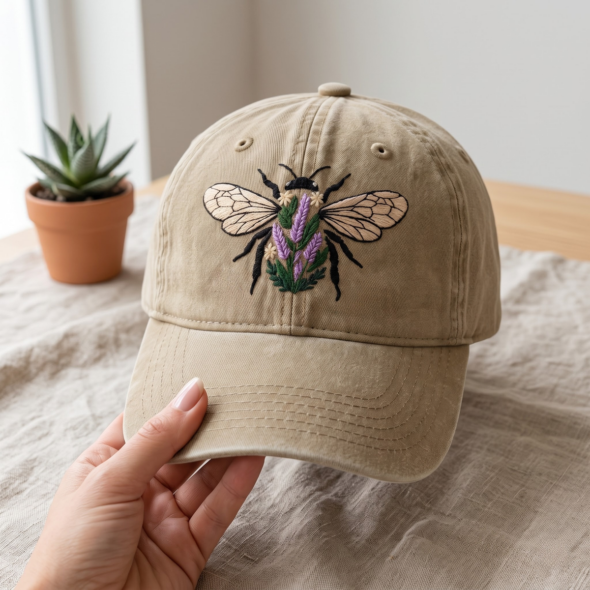 Floral Bee Lavender Wildflower Botanical Embroidered Hat — Washed Hat