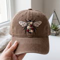 Floral Bee Daisy Raspberry Wildflower Body Embroidered Hat — Washed Hat