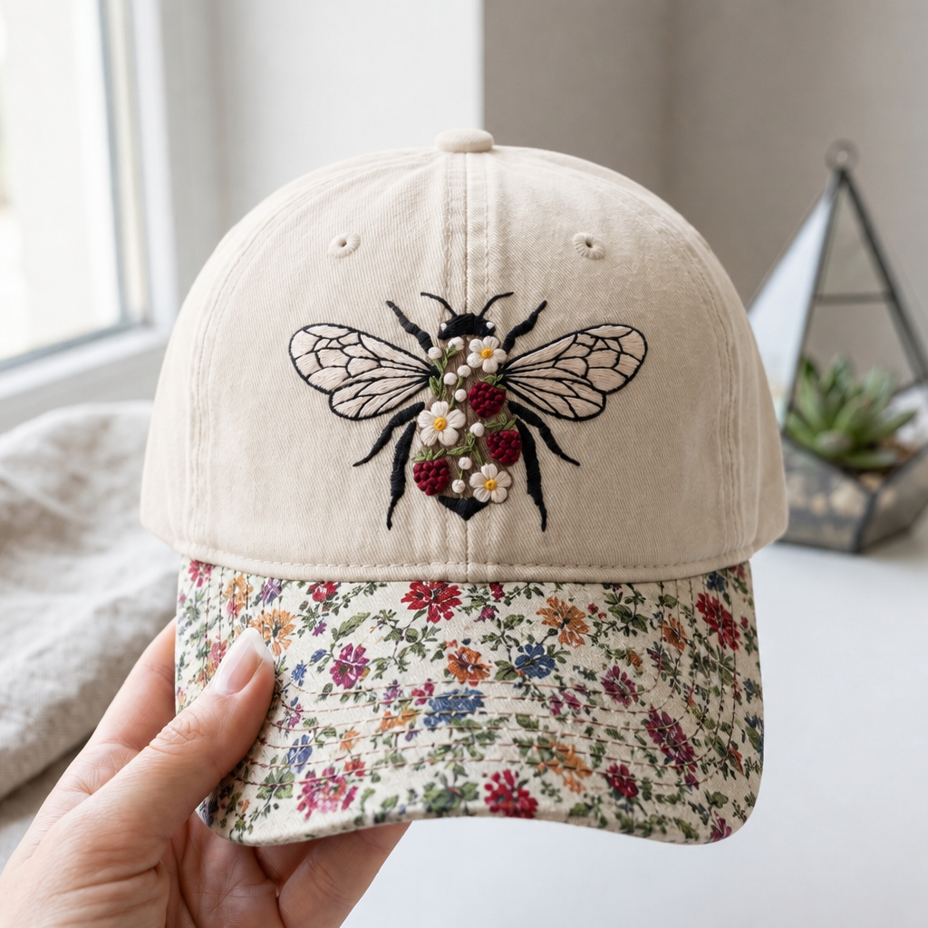 Floral Bee Daisy Raspberry Wildflower Body Embroidered Floral & Leopard Brim Hat