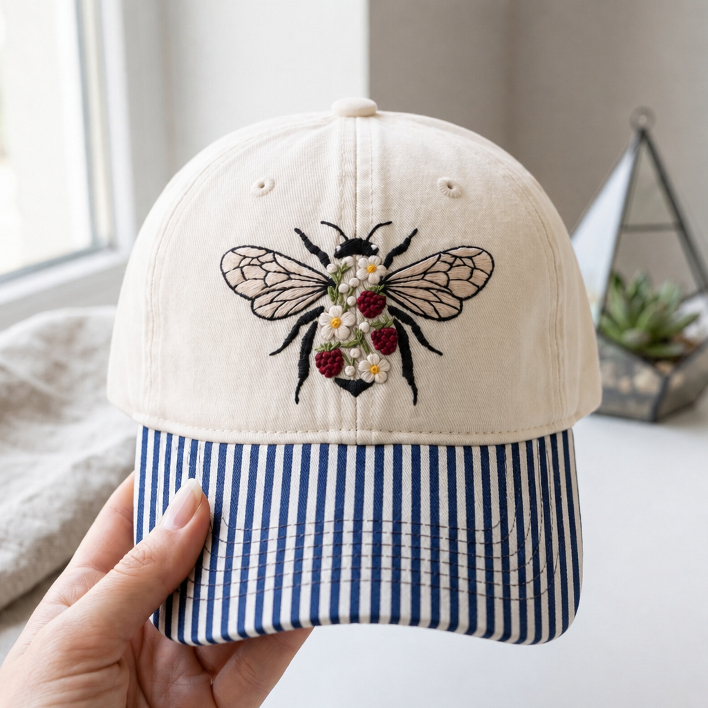 Floral Bee Daisy Raspberry Wildflower Body Embroidered Gingham & Stripe Brim Hat