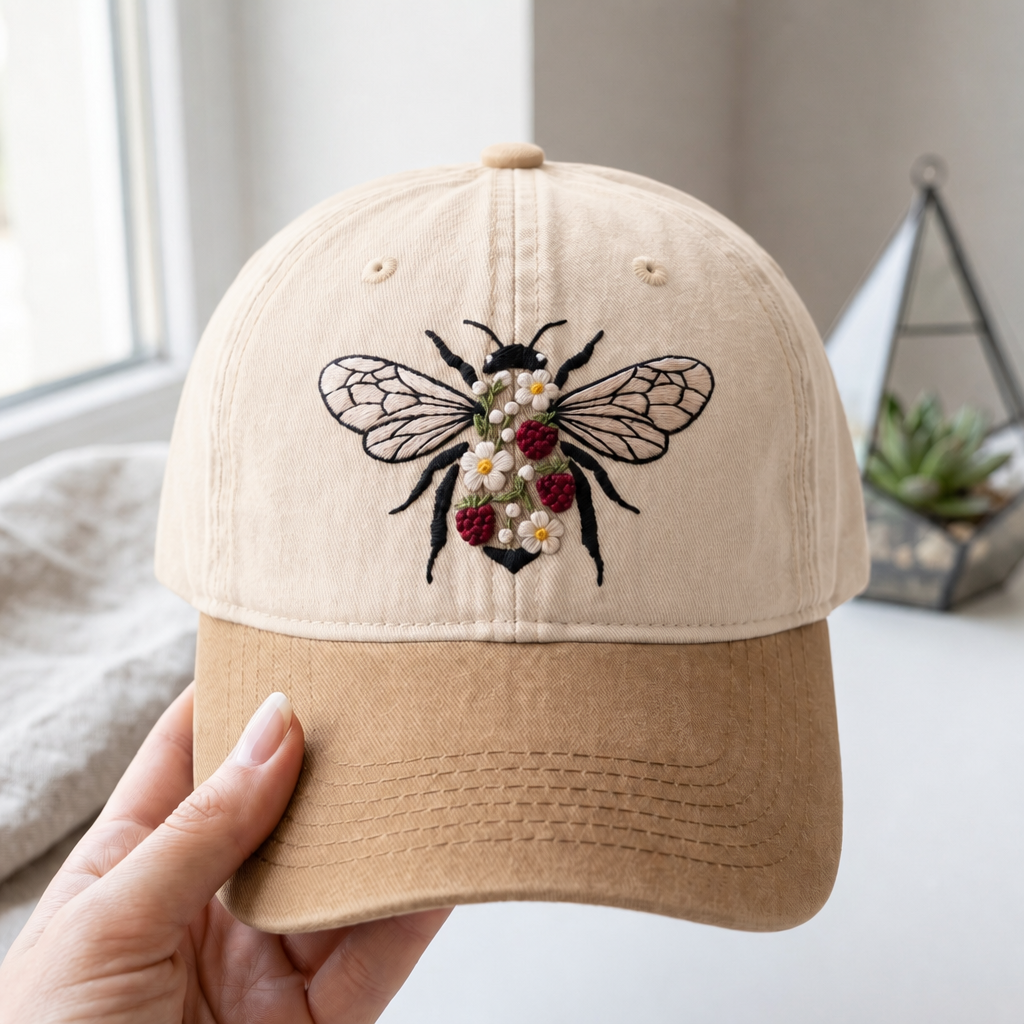 Floral Bee Daisy Raspberry Wildflower Body Embroidered Two-Tone Hat