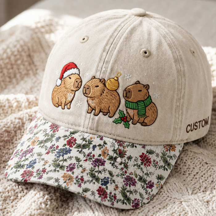 Personalized Christmas Capybara Trio Santa Hat Scarf Holly Snowflakes Embroidered Floral & Leopard Brim Hat