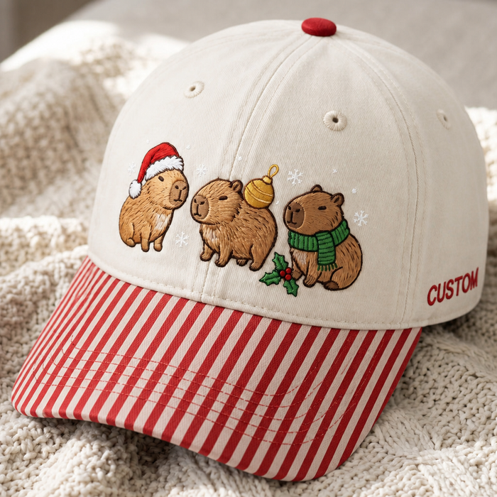 Personalized Christmas Capybara Trio Santa Hat Scarf Holly Snowflakes Embroidered Gingham & Stripe Brim Hat