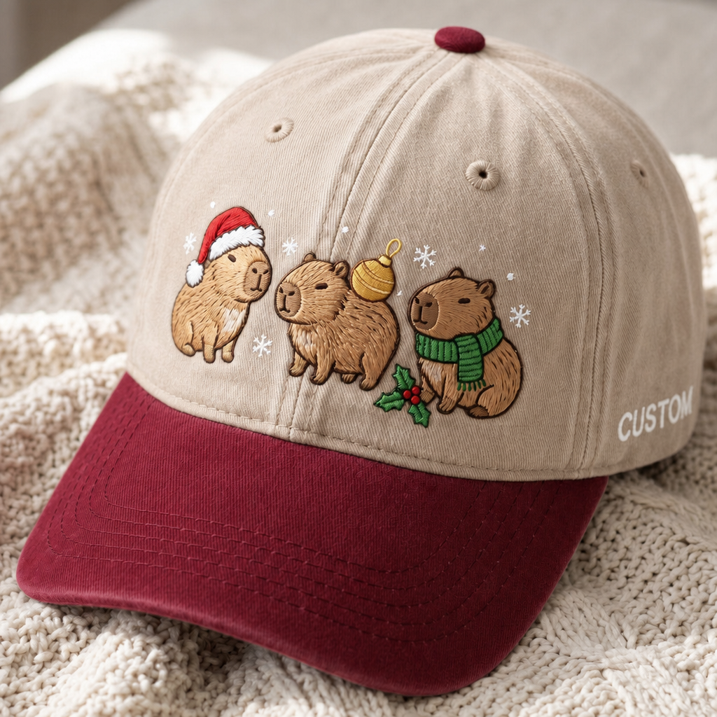 Personalized Christmas Capybara Trio Santa Hat Scarf Holly Snowflakes Embroidered Two-Tone Hat
