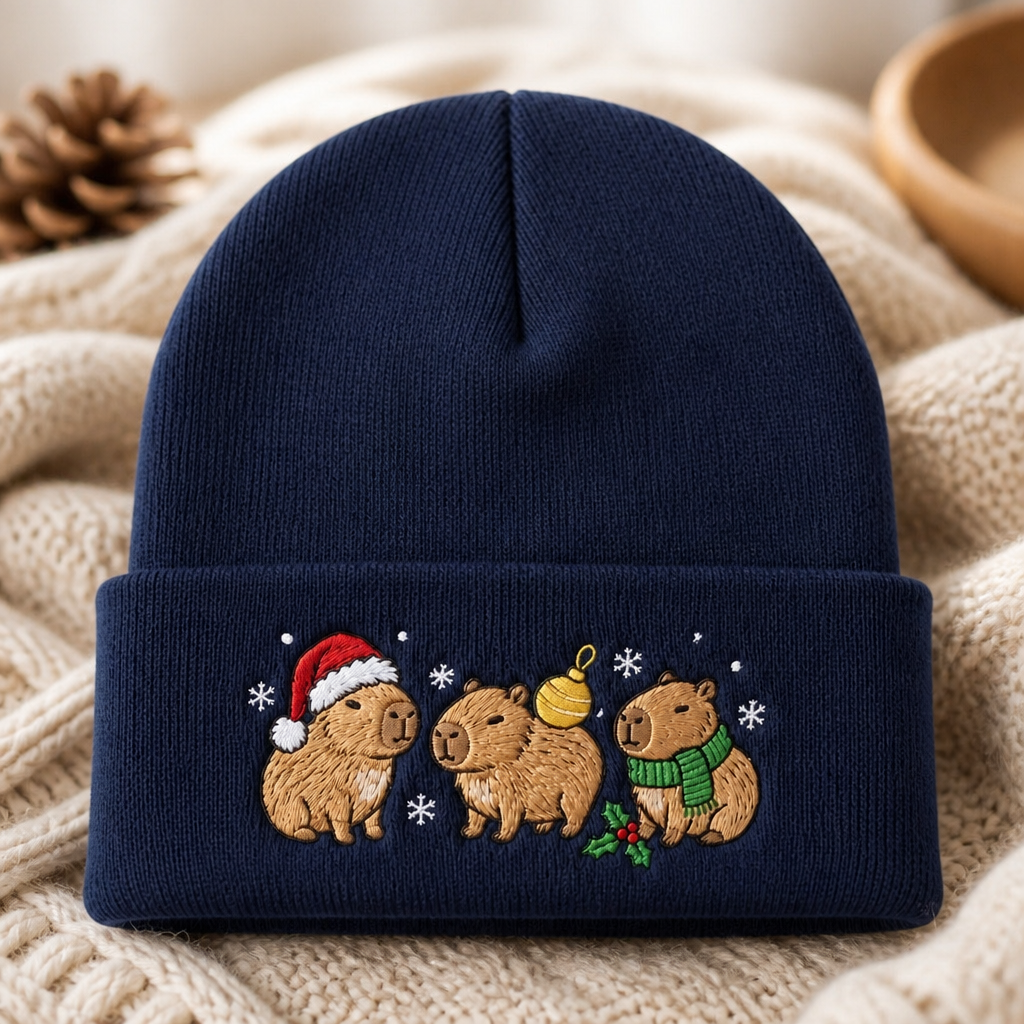 Personalized Christmas Capybara Trio Santa Hat Scarf Holly Snowflakes Embroidered Beanie