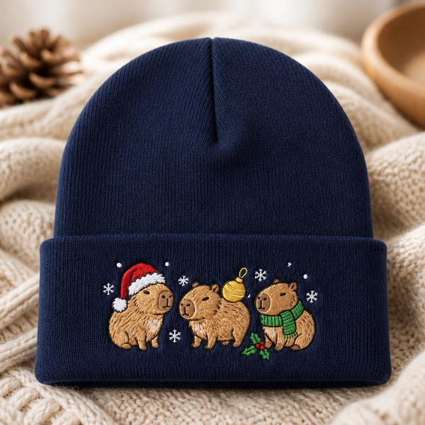 Personalized Christmas Capybara Trio Santa Hat Scarf Holly Snowflakes Embroidered Beanie